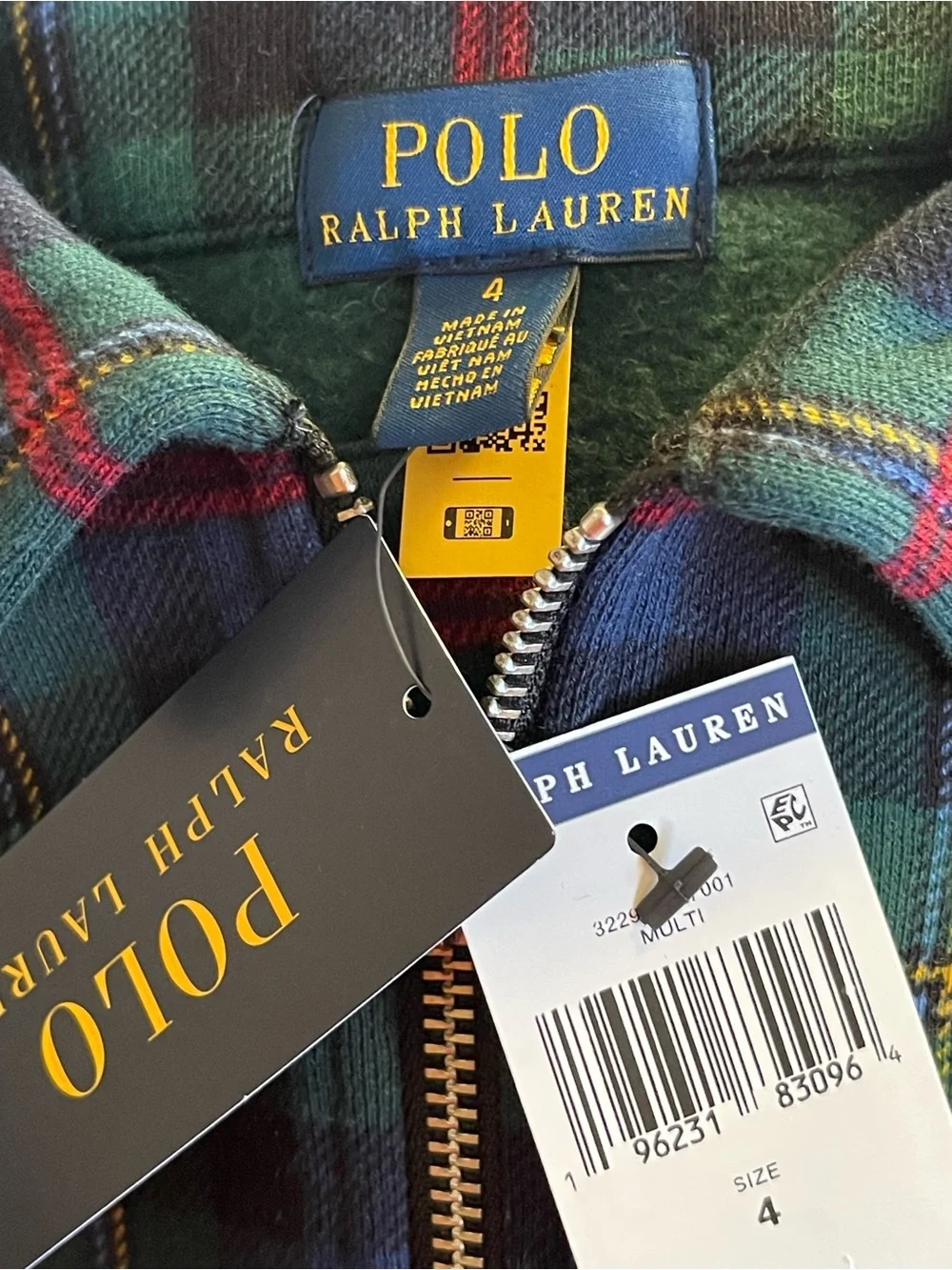 Ralph Lauren Green Navy Plaid Half‑Zip Sweater with Black Trim Kid Sz 4